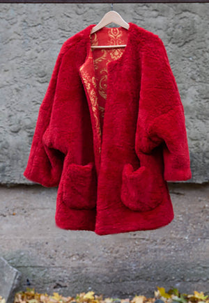 Loose Reversible Coat/ Reversible Oversized Coat/ Red Faux Fur Coat with Ikat Print