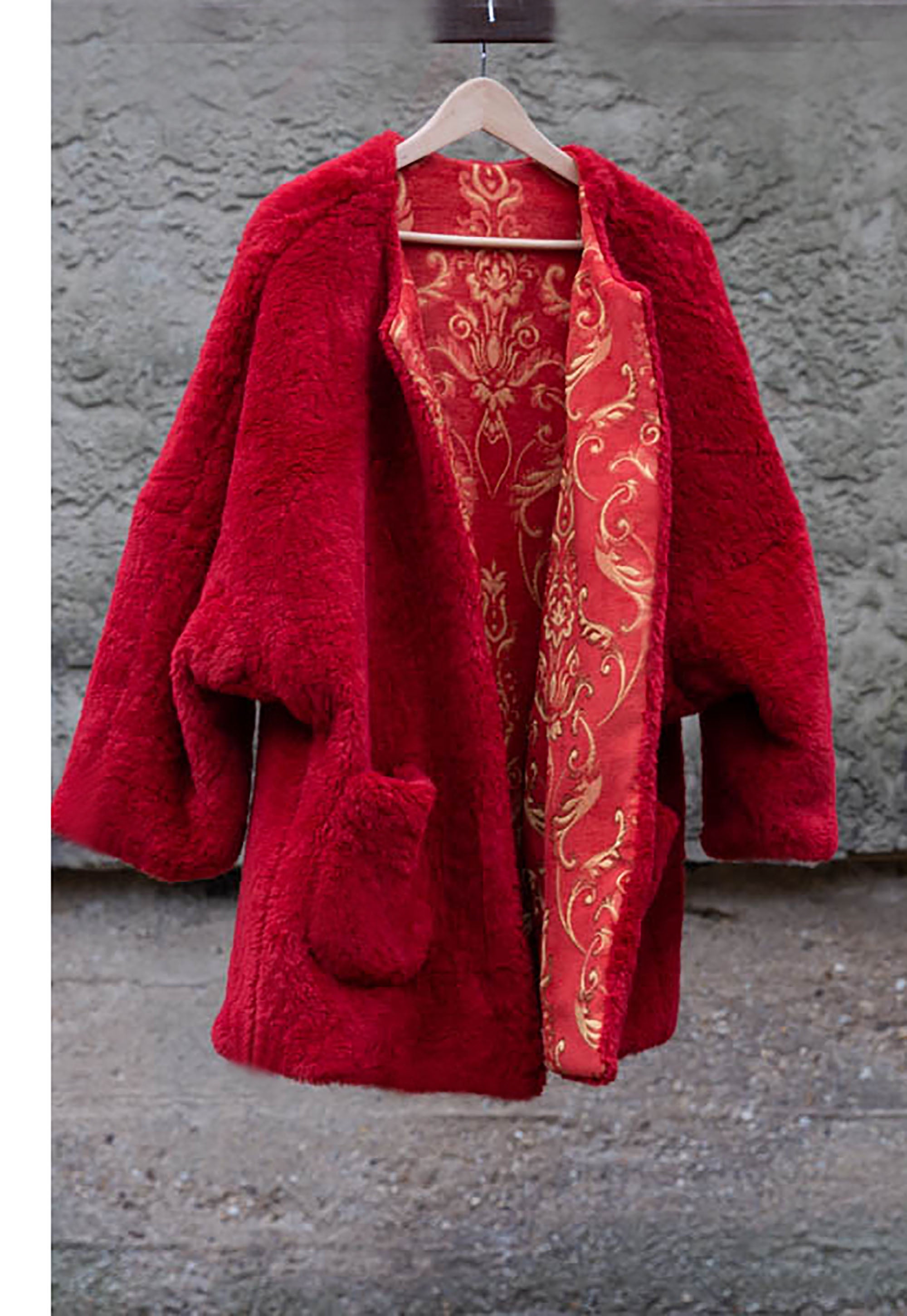 Loose Reversible Coat/ Reversible Oversized Coat/ Red Faux Fur Coat with Ikat Print
