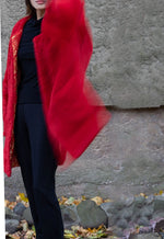 Oversized Faux Fur Coat/ Red Reversible Faux Fur Coat/ Medium Fur Coat with Ikat Print/ Double Face Over Coat/ Evening Fur Coat