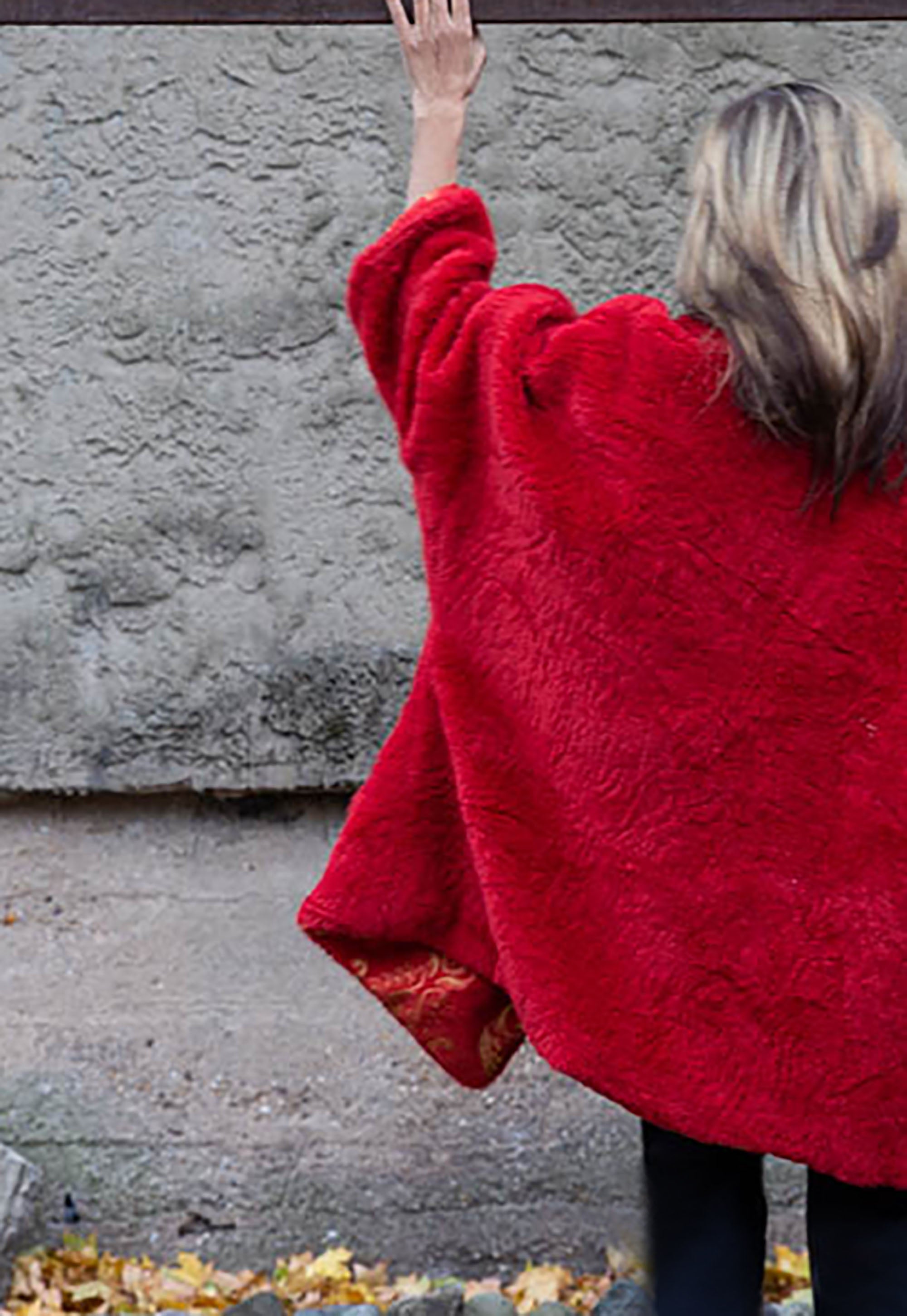 Oversized Faux Fur Coat/ Red Reversible Faux Fur Coat/ Medium Fur Coat with Ikat Print/ Double Face Over Coat/ Evening Fur Coat