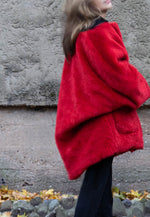 Oversized Faux Fur Coat/ Red Reversible Faux Fur Coat/ Medium Fur Coat with Ikat Print/ Double Face Over Coat/ Evening Fur Coat