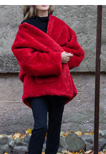 Oversized Faux Fur Coat/ Red Reversible Faux Fur Coat/ Medium Fur Coat with Ikat Print/ Double Face Over Coat/ Evening Fur Coat