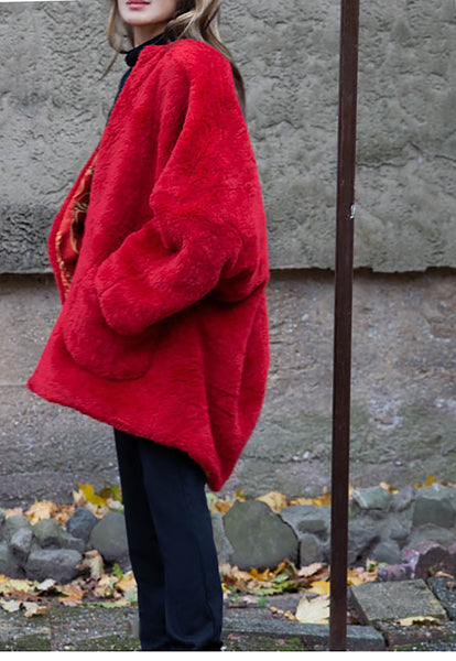 Red Reversible Faux Fur Coat Medium Fur Coat with Ikat Print