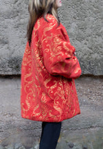 Loose Reversible Coat/ Reversible Oversized Coat/ Red Faux Fur Coat with Ikat Print