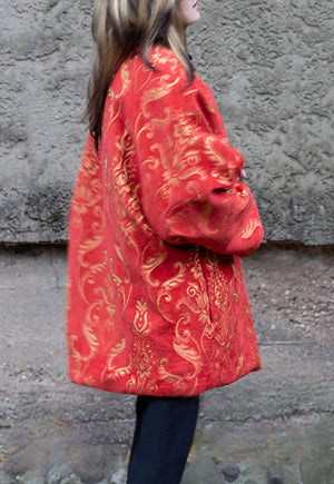 Loose Reversible Coat/ Reversible Oversized Coat/ Red Faux Fur Coat with Ikat Print