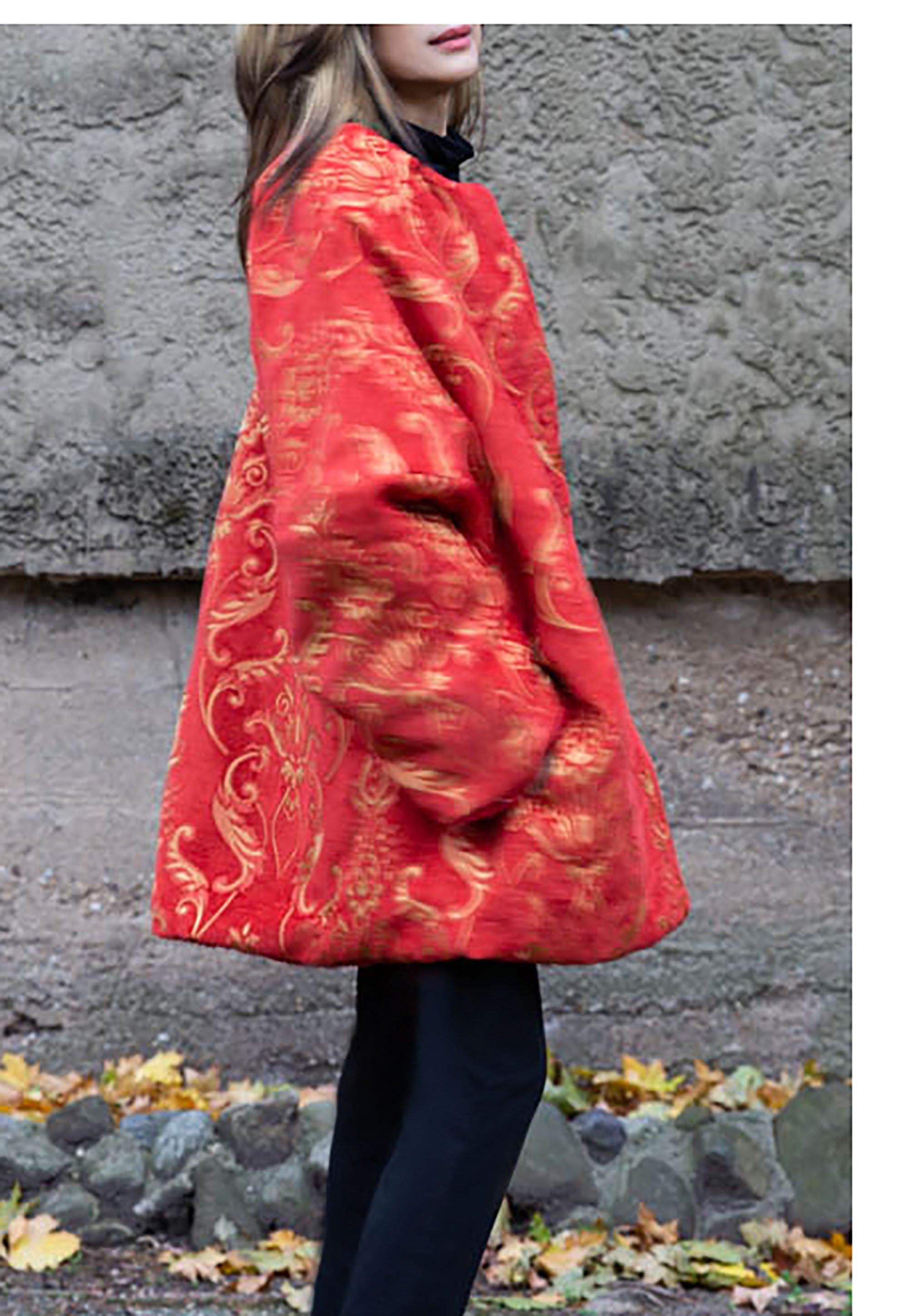 Loose Reversible Coat/ Reversible Oversized Coat/ Red Faux Fur Coat with Ikat Print