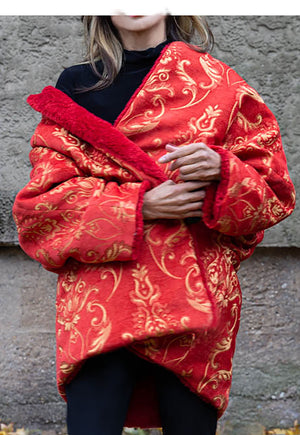 Loose Reversible Coat/ Reversible Oversized Coat/ Red Faux Fur Coat with Ikat Print