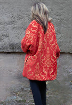 Loose Reversible Coat/ Reversible Oversized Coat/ Red Faux Fur Coat with Ikat Print