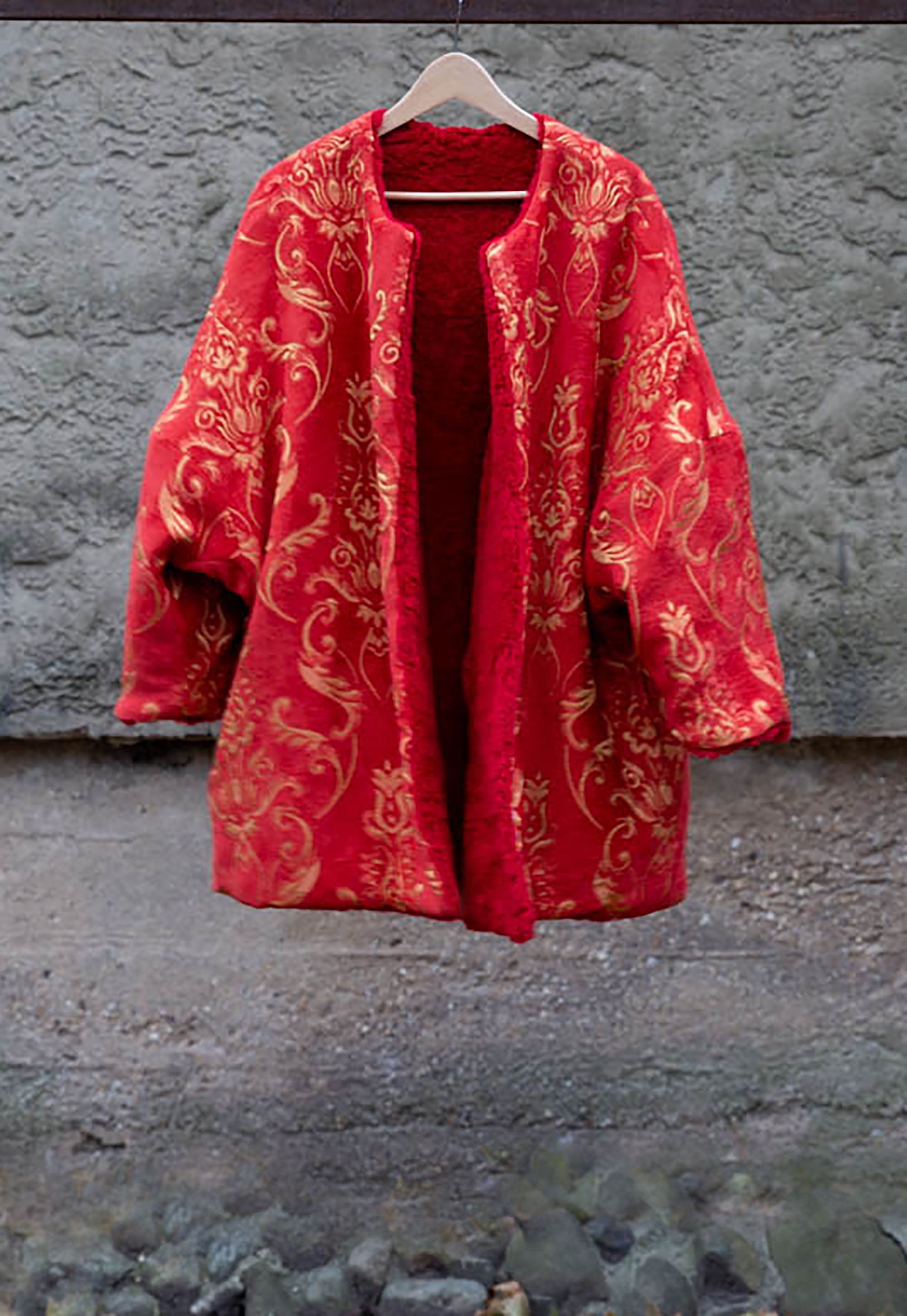 Oversized Faux Fur Coat/ Red Reversible Faux Fur Coat/ Medium Fur Coat with Ikat Print/ Double Face Over Coat/ Evening Fur Coat