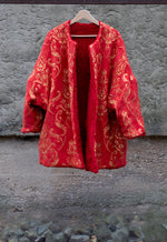 Oversized Faux Fur Coat/ Red Reversible Faux Fur Coat/ Medium Fur Coat with Ikat Print/ Double Face Over Coat/ Evening Fur Coat