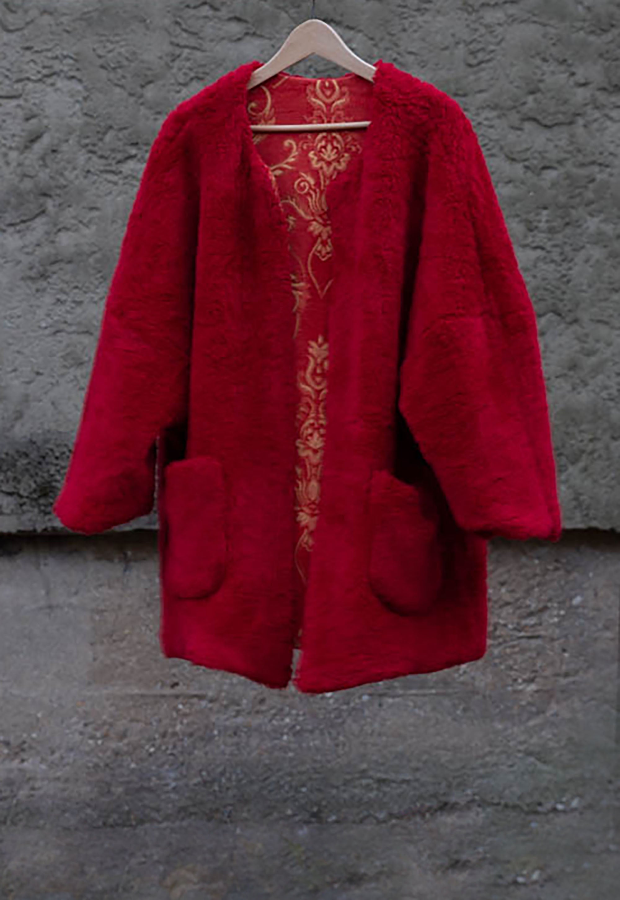 Oversized Faux Fur Coat/ Red Reversible Faux Fur Coat/ Medium Fur Coat with Ikat Print/ Double Face Over Coat/ Evening Fur Coat