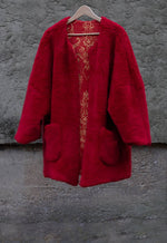 Oversized Faux Fur Coat/ Red Reversible Faux Fur Coat/ Medium Fur Coat with Ikat Print/ Double Face Over Coat/ Evening Fur Coat