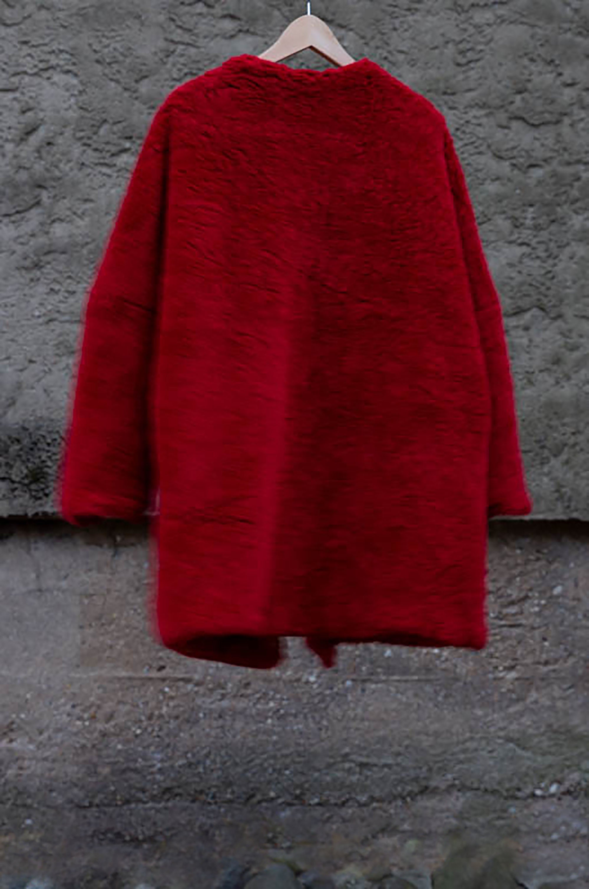 Oversized Faux Fur Coat/ Red Reversible Faux Fur Coat/ Medium Fur Coat with Ikat Print/ Double Face Over Coat/ Evening Fur Coat