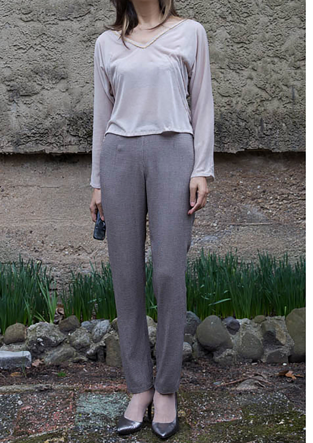 Sheer V-Neck Long Sleeve Top